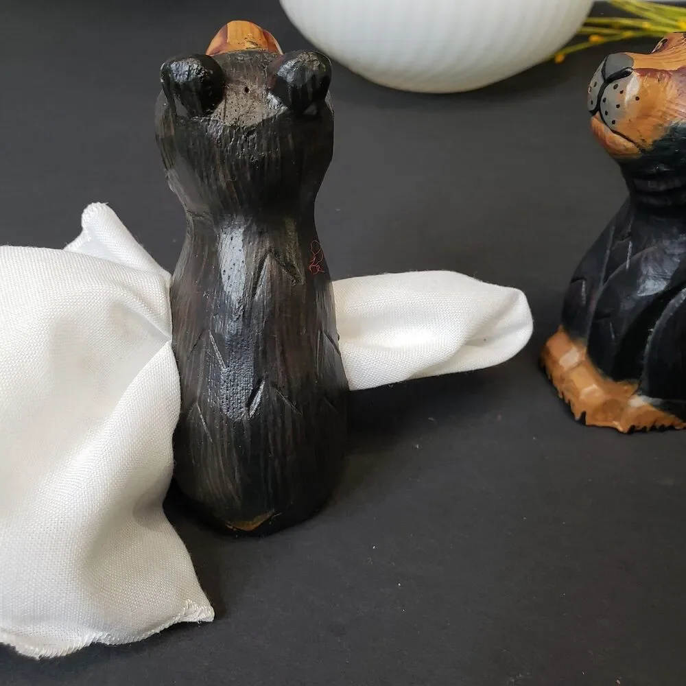 Farmhouse Primitive Hand Carved Wooden Black Bear Napkin Holders Rings Set of 4